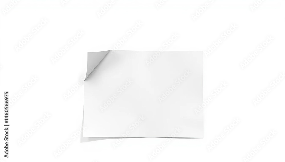 A single sheet of white paper with one softly rounded corner, isolated on a pure white background, blank, card A single sheet of white paper with one softly rounded corner, isolated on a pure white background, blank, card