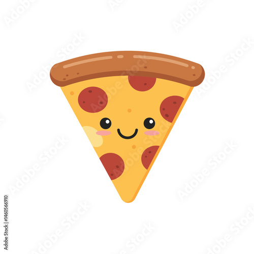 Cute smiling pizza slice with pepperoni toppings and crust vector illustration in kawaii style 