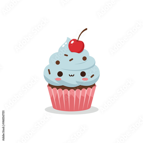 Cute cupcake with blue frosting cherry on top and pink wrapper vector illustration for dessert design