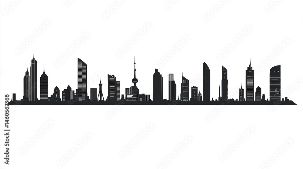 Fototapeta premium A series of urban skyline illustrations, flat silhouettes with diverse skyscrapers and buildings, minimalist on white. 