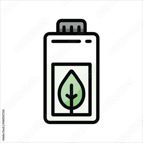 An eco-friendly battery icon featuring a green leaf design, symbolizing sustainable energy and green technology.