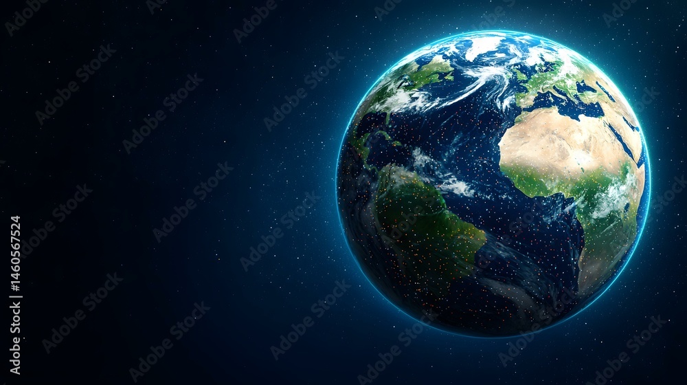 Fototapeta premium The image shows a detailed view of planet Earth from space, set against a backdrop of stars. The Earth is depicted with a glowing outline, highlighting its continents and oceans, and shows numerous