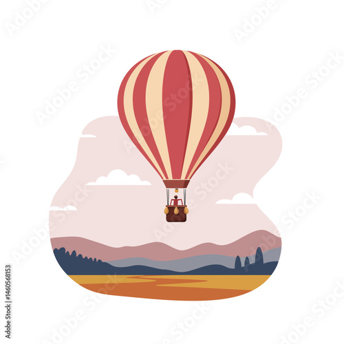 Hot air balloon flying over scenic landscape with mountains and trees in muted colors vector illustration 