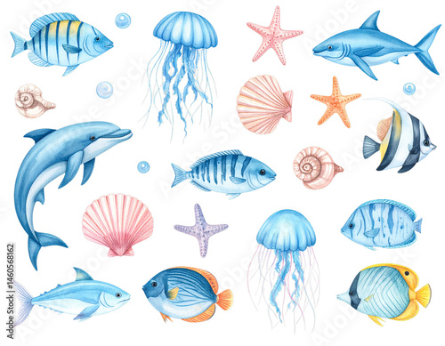 Colorful Watercolor Illustrations of Sea Creatures and Marine Life