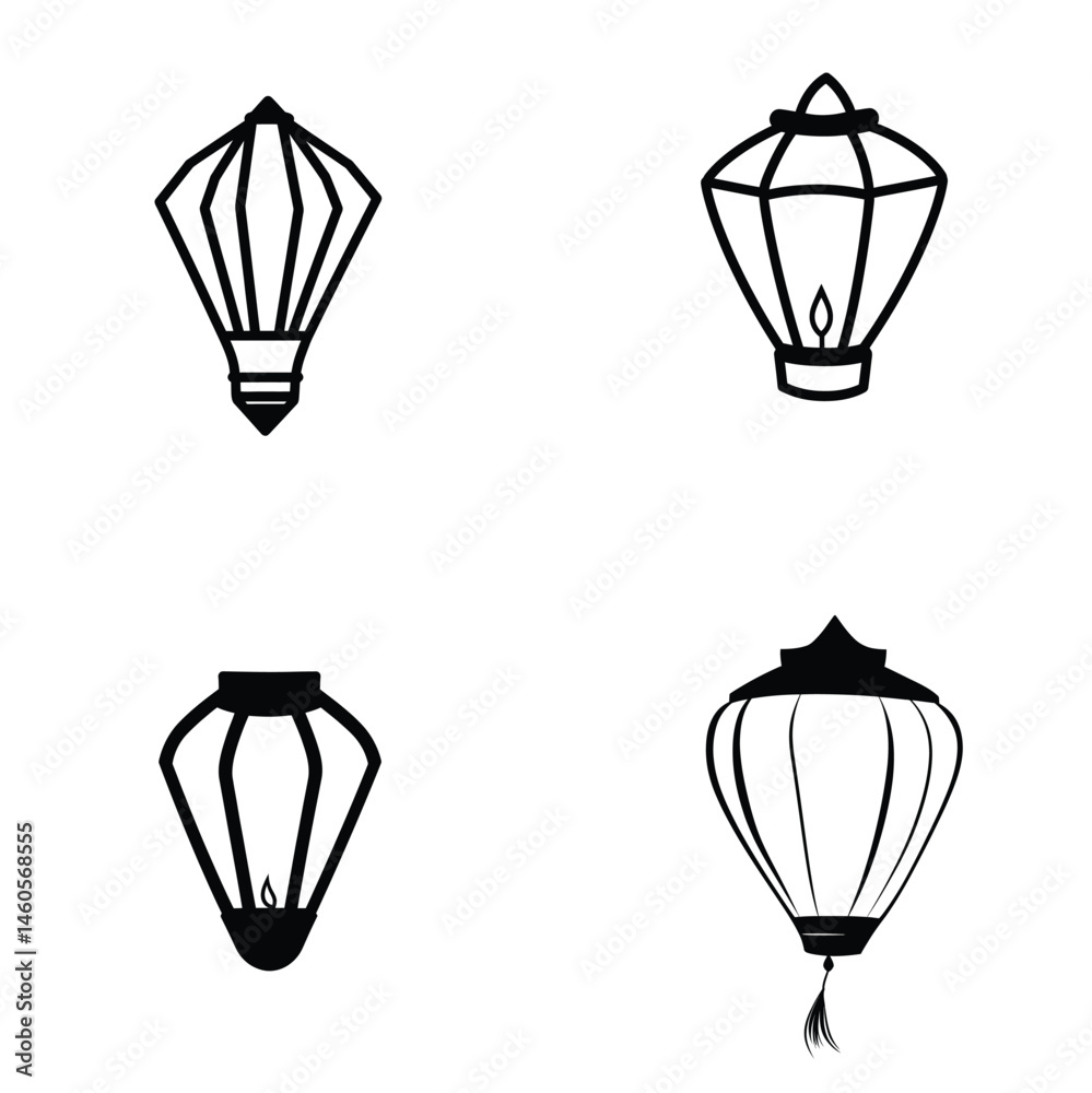 Fototapeta premium Lanterns Set, Paper Asian Lanterns, Hand Drawn Silhouette, Transparent Background