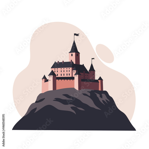 Medieval castle fortress on rocky hill with flags and towers vector illustration in muted colors 