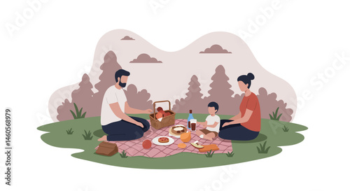 Family enjoying picnic on blanket in park with picnic basket and food items outdoor lifestyle scene 