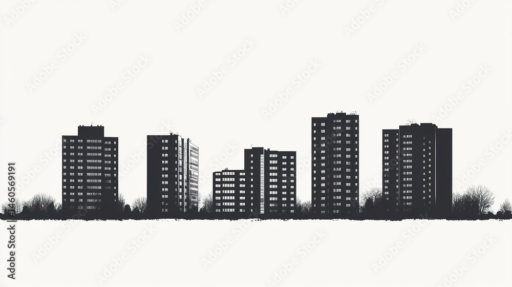 Obraz premium Tall and low-rise apartment building silhouettes in a balanced composition, bold black vector shapes, white background. 