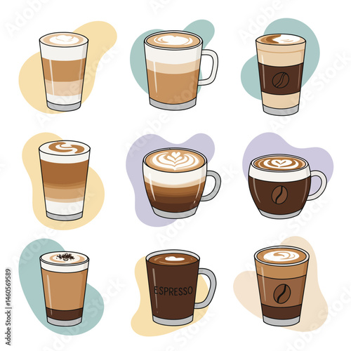 Coffee drinks assortment vector illustration with latte cappuccino espresso cups and foam art in various glassware and mugs