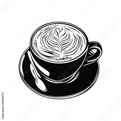 Latte Art Cup with Spoon on White Background Design Element