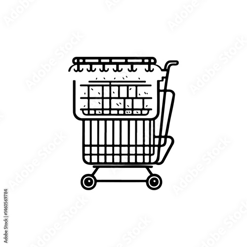 Minimalist line drawing: A shopping cart icon, representing consumerism and commerce