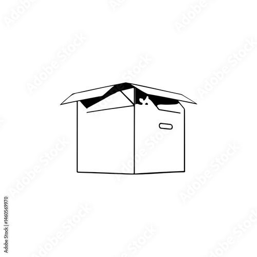Minimalist depiction of an open cardboard box revealing the presence of a hidden cat