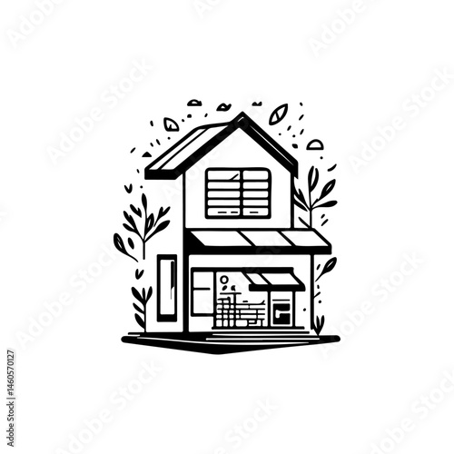 Whimsical dwelling illustration with stylized foliage evokes peaceful neighborhood vibes