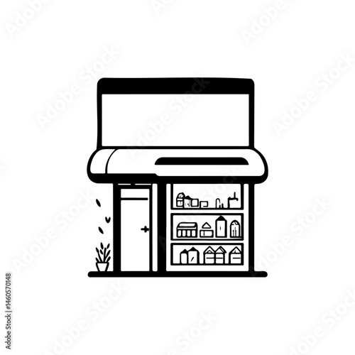 Minimalist depiction of a store façade with shelves and space for signage