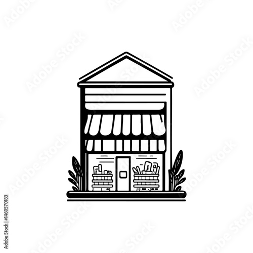 Charming black and white line art illustration of a quaint grocery store facade
