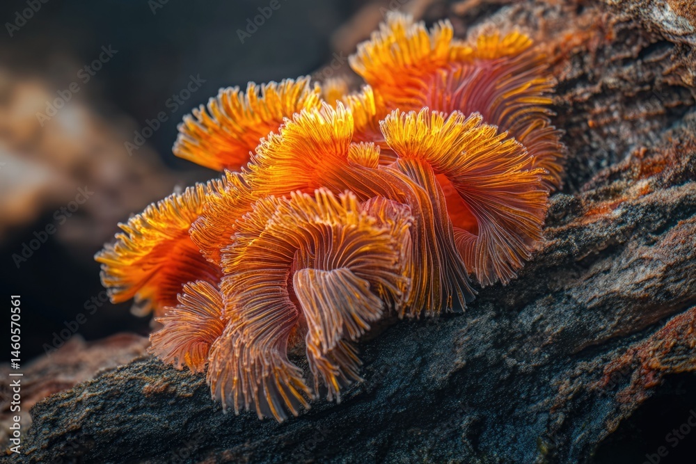 Obraz premium Intricate orange marine organism clinging to dark wood, showcasing vibrant texture and detail.