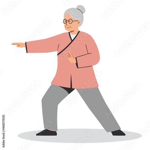 Elderly woman practicing tai chi - graceful senior woman performing flowing tai chi movements in morning park, showcasing body-mind harmony in golden years.