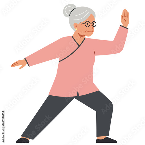 Elderly woman practicing tai chi - graceful senior woman performing flowing tai chi movements in morning park, showcasing body-mind harmony in golden years.