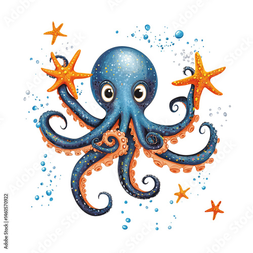 A Cartoon Octopus Juggling Starfish Oceanic Blues Isolated on Transparent Background