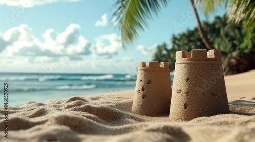 Two simple sandcastles on a tropical beach.