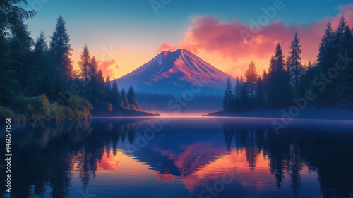 Glowing volcanic mountain at night, mirrored in a serene lake with a forest backdrop