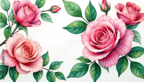 Intricate watercolor roses, lush leaves, vintage style, leaves, stylish