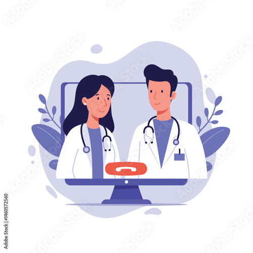 Two doctors communicating through computer screen in telemedicine consultation vector illustration for healthcare services and remote diagnosis 