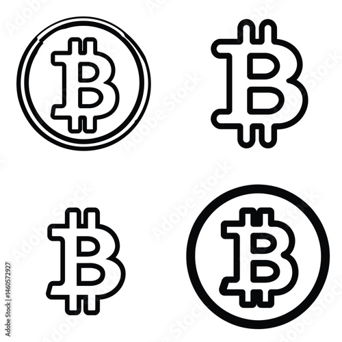 Line art Bitcoin symbol variations, Crypto outline icons on transparent backdrop