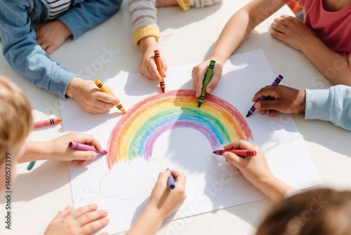Children drawing a rainbow together with crayons on white paper