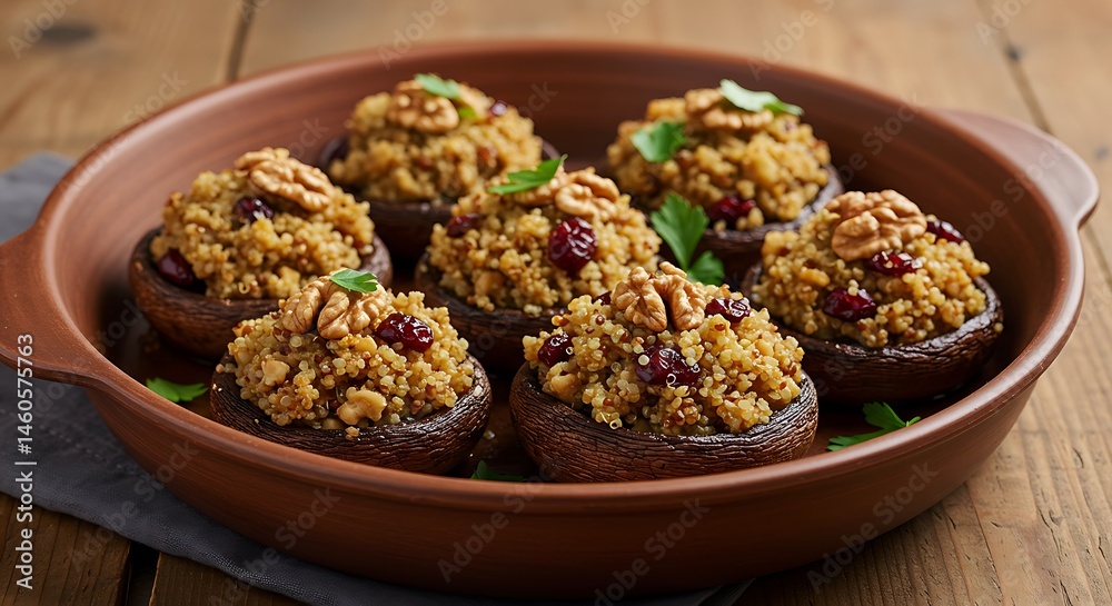 Portobello caps stuffed with quinoa, walnuts, and cranberries, baked until golden. Garnished with parsley, rustic ceramic dish Portobello caps stuffed with quinoa, walnuts, and cranberries, baked until golden. Garnished with parsley, rustic ceramic dish
