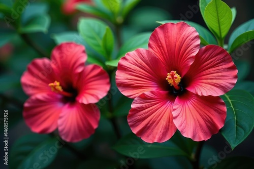 Bold hibiscus blooms, lush tropical leaves, vibrant color palette, design, hot