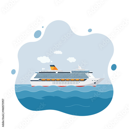 Cruise ship sailing on calm ocean waves with blue sky and clouds vector illustration 