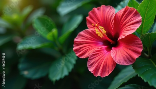 Bold, vibrant hibiscus blooms, lush tropical foliage, bright colors, bright pattern, blossom