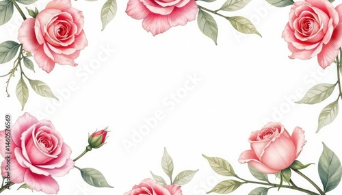 Delicate watercolor roses & leaves, repeating floral design , leaves, soft