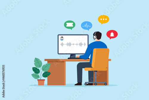Flat illustration of remote consultant reviewing support tickets and notifications with headset and computer at home office desk