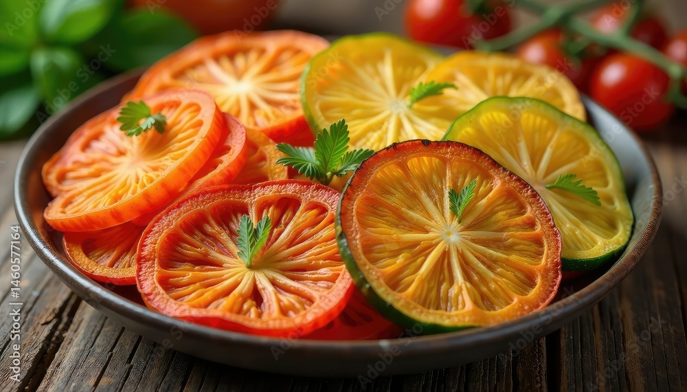Dehydrated vegetables, vibrant colors, healthy snack , dried peppers, food photography Dehydrated vegetables, vibrant colors, healthy snack , dried peppers, food photography
