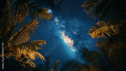 The Milky Way galaxy glowing brightly in the night sky, framed by lush tropical leaves