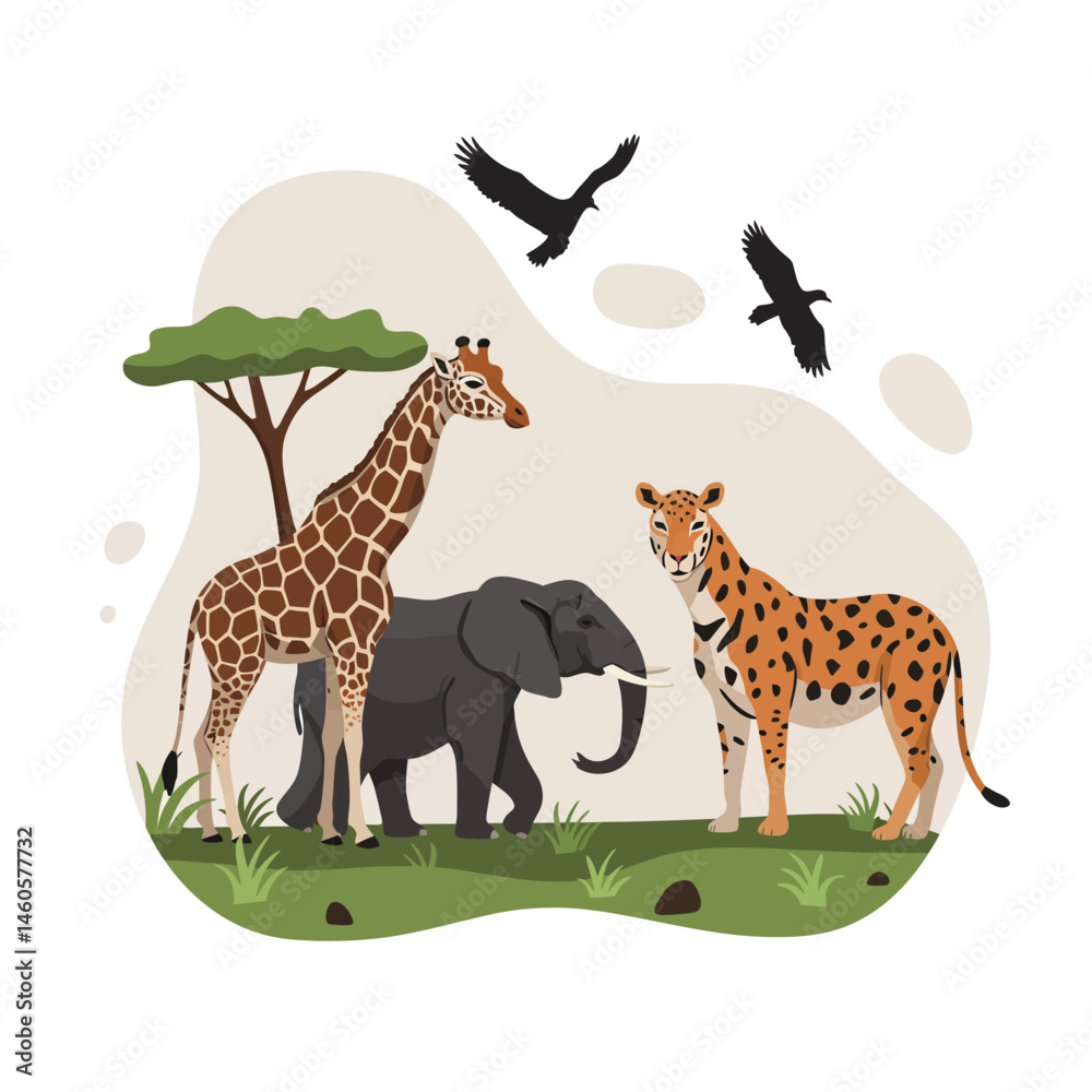 Obraz premium African wildlife scene with giraffe elephant cheetah and birds in natural savannah habitat vector illustration 