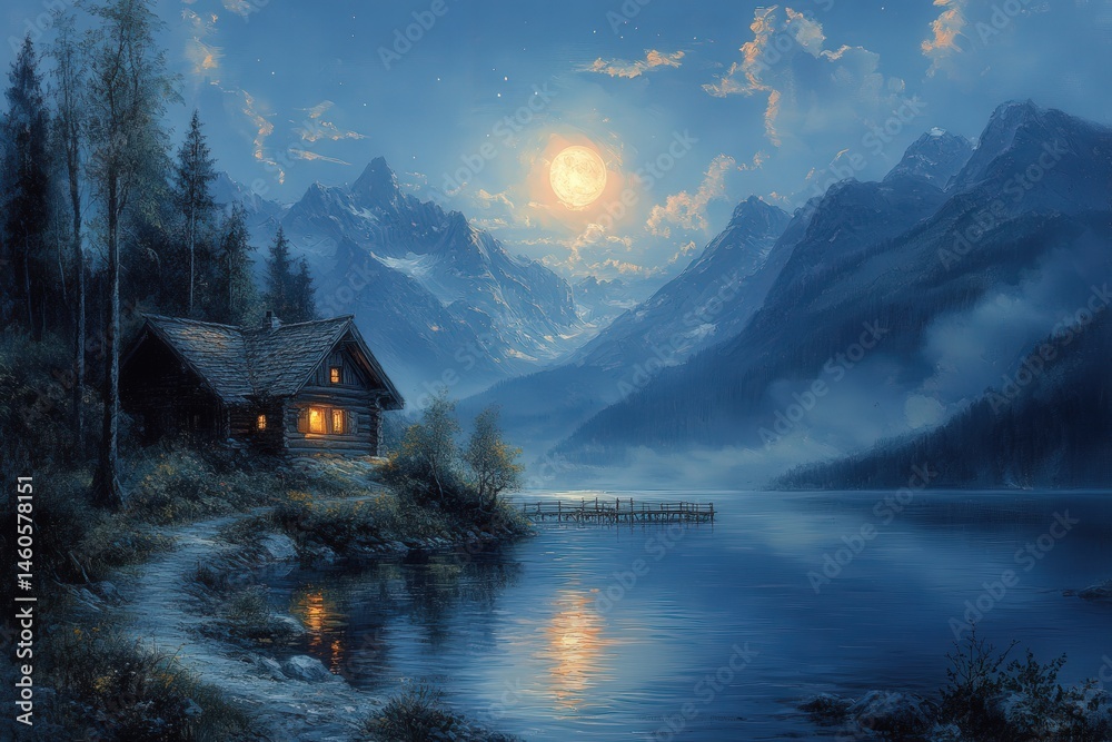 Fototapeta premium Cabin, moonlight shimmering on still lake, mountains backdrop, mystical night