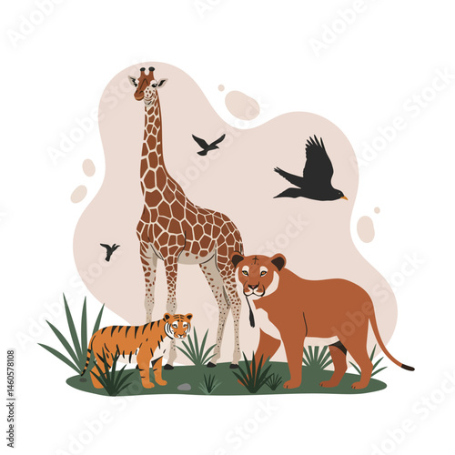 African wildlife scene with giraffe tiger lion and flying birds in natural habitat vector illustration 