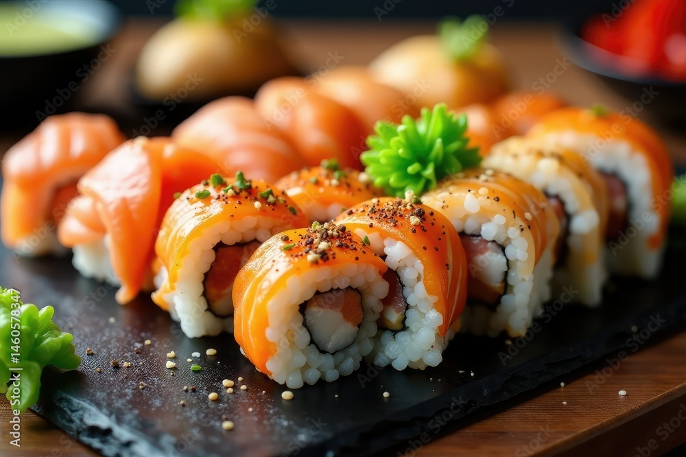 Close up of sushi platter, various rolls, wasabi, ginger, rice, dinner, fresh Close up of sushi platter, various rolls, wasabi, ginger, rice, dinner, fresh