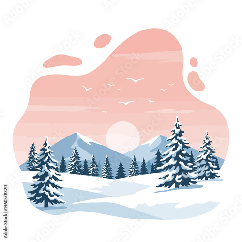 Winter landscape with snow covered pine trees and mountains under pink sky vector illustration 
