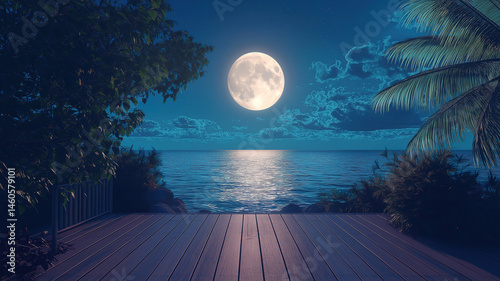 Calm tropical ocean reflecting the full moon, with a wooden deck softly lit under the serene night sky