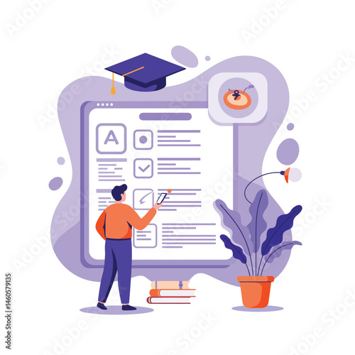 Student completing online test with graduation cap and plant in purple theme vector illustration for education and learning concepts 