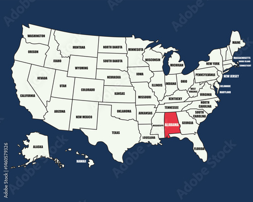 Educational map of the United States with labeled states, highlighting Alabama in vibrant colors for learning.