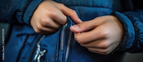 Person zipping jacket pocket, indoors, close-up