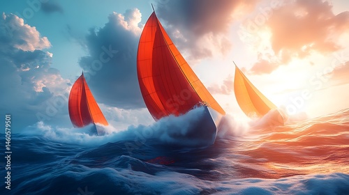 Sailboats race sunset ocean waves
