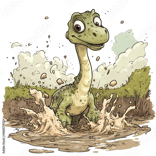 Cartoon Dinosaur Stomping Through Mud Isolated on Transparent Background