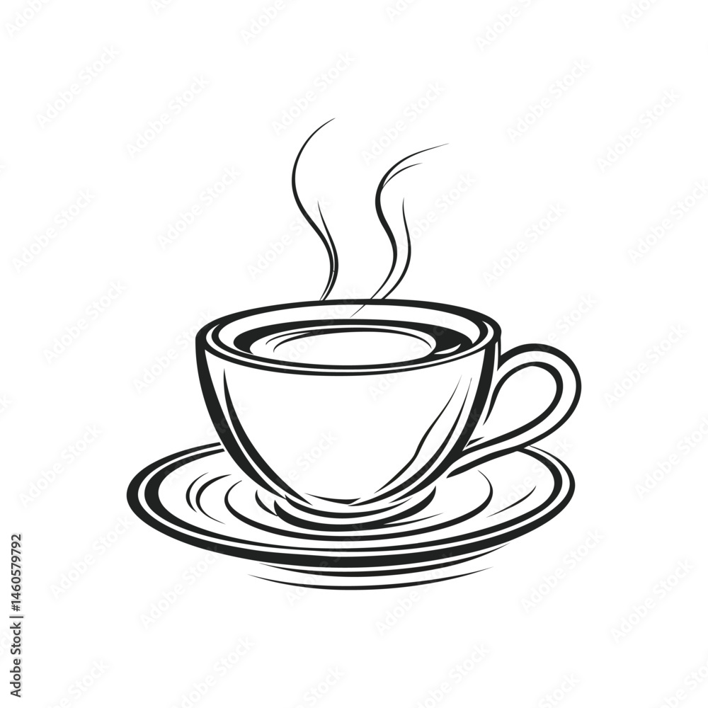 Obraz premium Line Art Coffee Cup on Saucer with Steam Isolated on Transparent