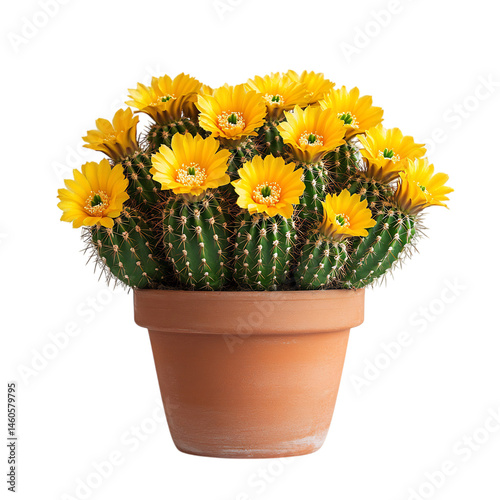 A Tiny Potted Cactus with Bright Yellow Blooms Isolated on Transparent Background